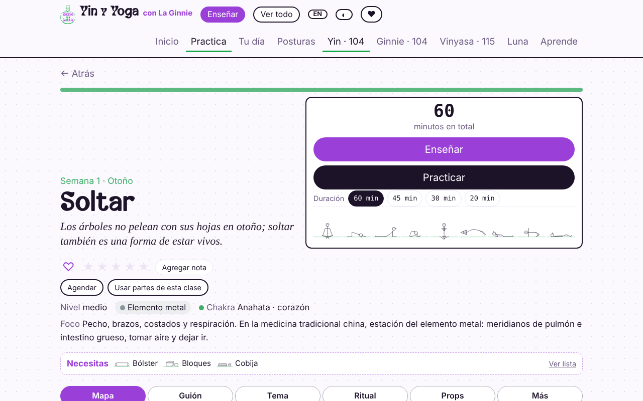 Pantalla de la clase «Soltar» con modos enseñar y practicar